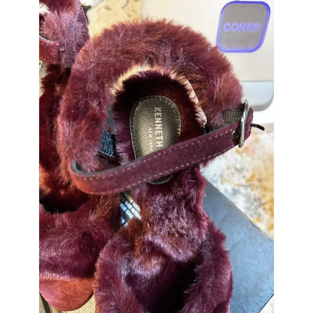 Kenneth Cole Melanie High Heel Sandals Sz 8 Burgundy Fluffy Open Toe